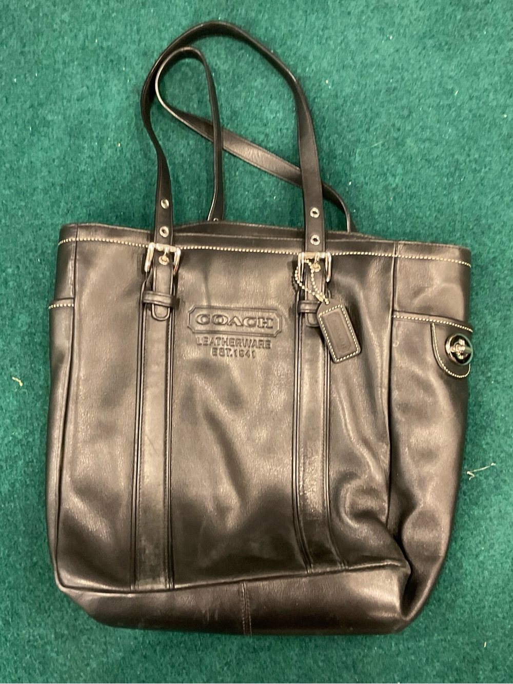 COACH Black Leather Shoulder Tote with Tag and Buckle Detail